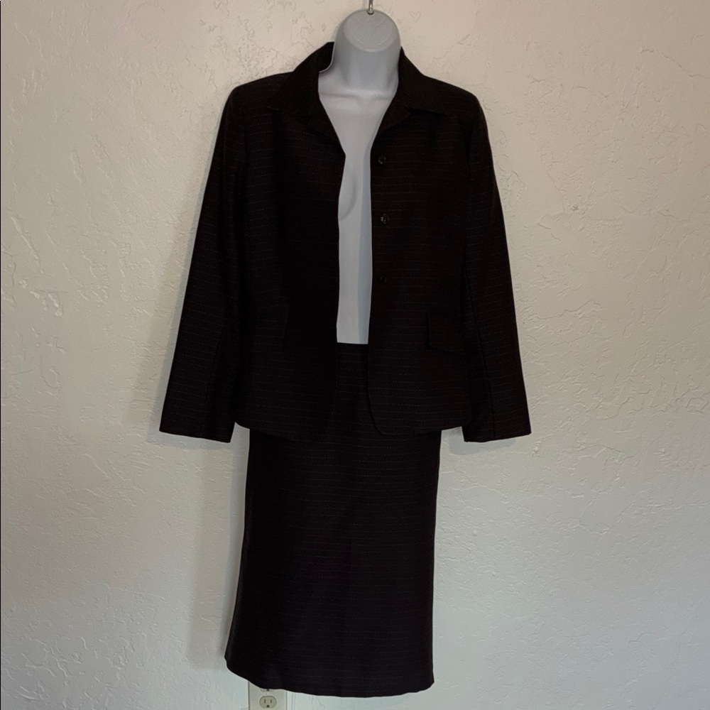 Anne Klein Brown Pinstripe Skirt Suit with Subtle Orange Stitching